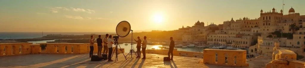 A film crew sets up equipment on a terrace overlooking a harbor at sunset, with historic Mediterranean buildings and boats in the background, capturing the magic of filming in Morocco.