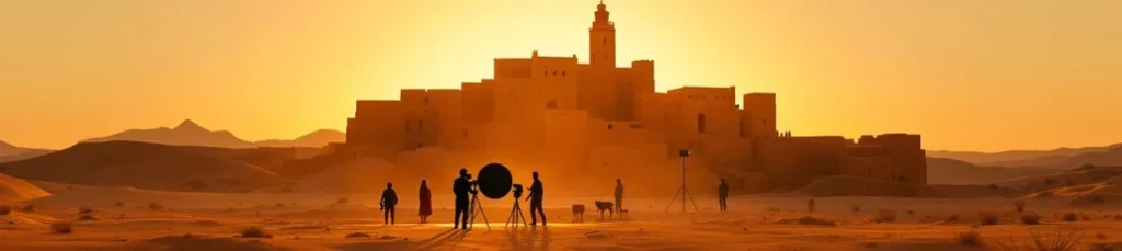 A film crew sets up equipment in the desert at sunset, silhouetted against an ancient, sand-colored fortress with a tower—filming in the Canary Islands amid rolling dunes and distant mountains.