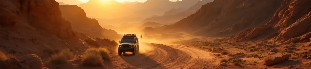 A 4x4 vehicle drives along a winding dirt road in a desert canyon at sunset, kicking up dust. Rocky cliffs and mountains surround the scene, with warm sunlight illuminating the landscape—perfect for filming in the Canary Islands.