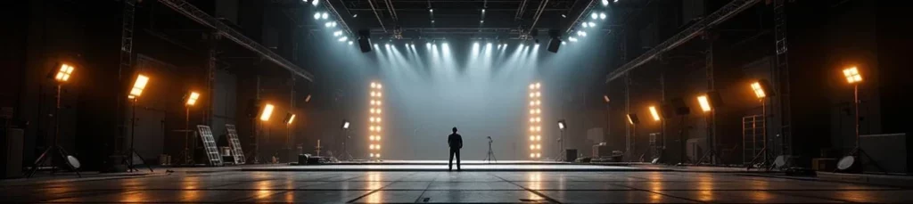 A person stands alone on a large, empty stage surrounded by bright spotlights and production equipment in a spacious, dimly lit studio, capturing the dramatic atmosphere often found when filming in Morocco.