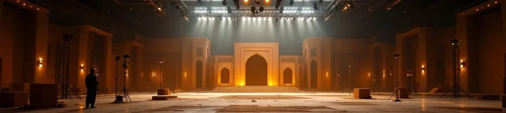 A spacious indoor set designed to resemble a grand palace hall, illuminated by warm spotlights, with arched doorways and high ceilings—perfect for filming in the Canary Islands, with an empty central floor ideal for dynamic scenes.