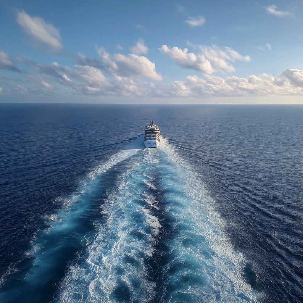 A large cruise ship sails away on a calm, deep blue ocean, leaving a wide, foamy wake behind—just like in Cruising with Susan Calman Season 2. The sky is mostly clear with a few scattered clouds on the horizon.