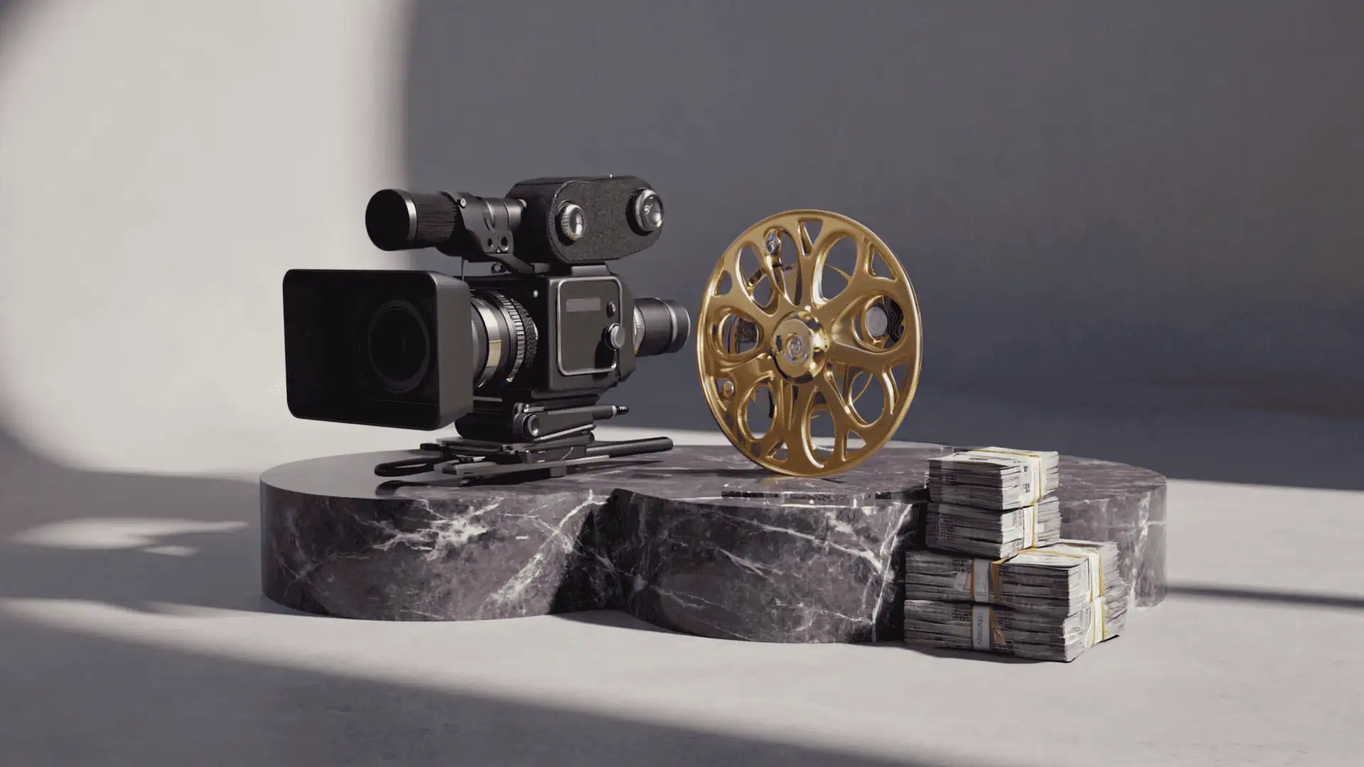 A vintage film camera, a golden film reel, and three stacks of cash sit on a polished dark stone pedestal, symbolizing the highest budget films, with soft light casting shadows in the background.