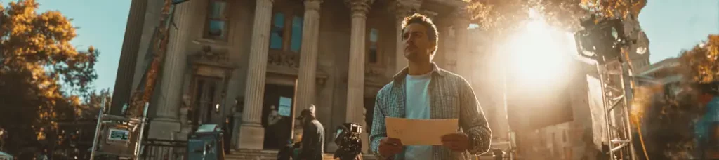 A man holding a piece of paper stands in front of a historic building with large columns, surrounded by film equipment and bathed in warm sunlight while filming in Austin.
