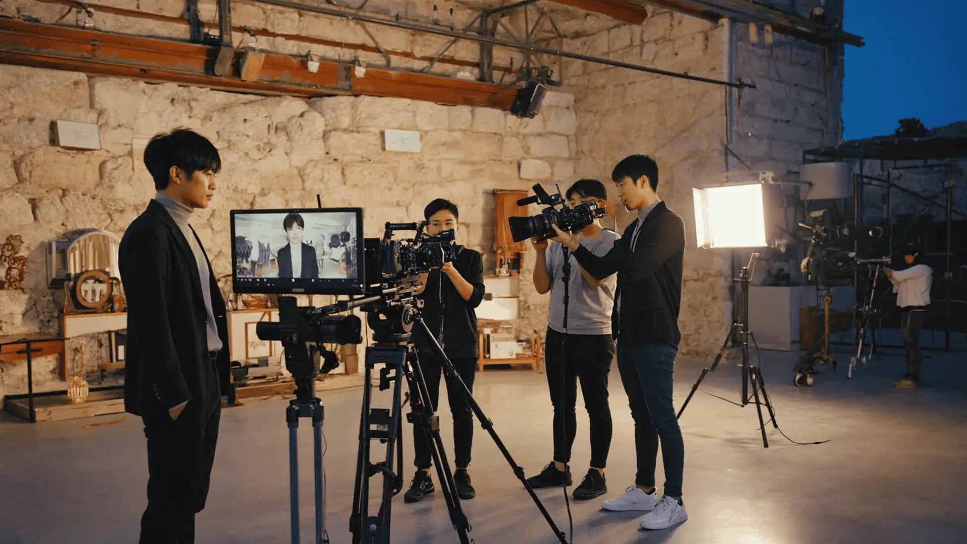 A film crew records an actor in a rustic studio with stone walls. Multiple cameras, lights, and equipment are set up for dynamic camera shots, while three crew members operate cameras and monitor footage.