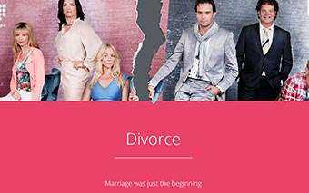 A torn photo shows three women on the left and three men on the right, split by a jagged rip. Below, Divorce S4 appears on a pink background with the phrase Marriage was just the beginning. Watch it only on Talpa TV.
