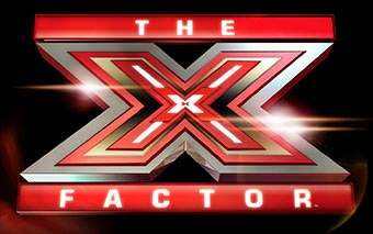 The X Factor logo features a large, stylized red and silver X with THE above and FACTOR below, set against a dark background with light flares—capturing the drama of ITV’s Judge’s House moments.