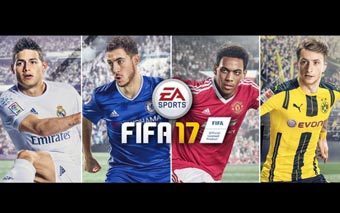 Four soccer players in different team jerseys appear on the cover of Fifa 17 by EA Sports, with the FIFA 17 logo in the center. The background, styled by ADHOC Films, showcases stadium crowds and dynamic action scenes.