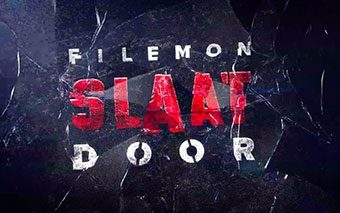 Cracked glass background with bold text: FILEMON SLAAT DOOR; SLAAT stands out in large red letters, highlighting the impact. The rest of the text is in white.