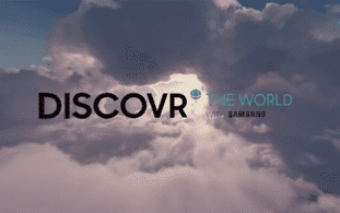 Clouds with sunlight breaking through, overlaid with the text: DISCOVR THE WORLD with Samsung, with the O in DISCOVR replaced by a location pin icon.
