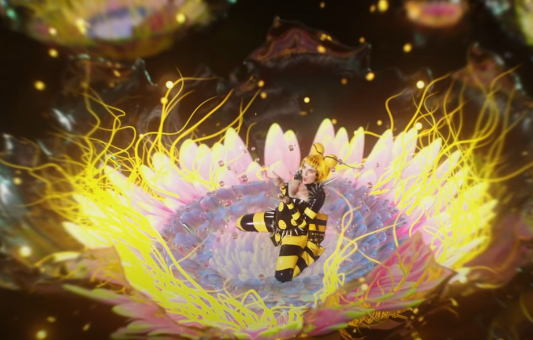 A person in a bee costume sits in the center of a large, glowing pink and yellow Daisy, surrounded by radiant yellow strands and a dreamy, luminous background inspired by an Ashnikko music video.