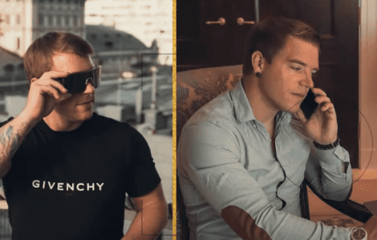 Split image: On the left, a man in a black Givenchy shirt and virtual reality goggles enjoys the BLING LIFE outdoors. On the right, the same man, having made $2M with Bitcoin, sits indoors in a light shirt talking on the phone.