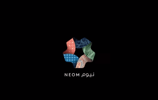 NEOM logo featuring a hexagonal shape filled with colorful, patterned sections on a black background, symbolizing the futuristic city in Saudi Arabia, with the word NEOM and its Arabic translation written below.