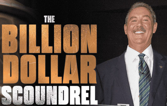 A smiling man in a suit and tie stands beside large bold text that reads Billion Dollar Scoundrel, set against a dark background, in this striking Sky Studios production.