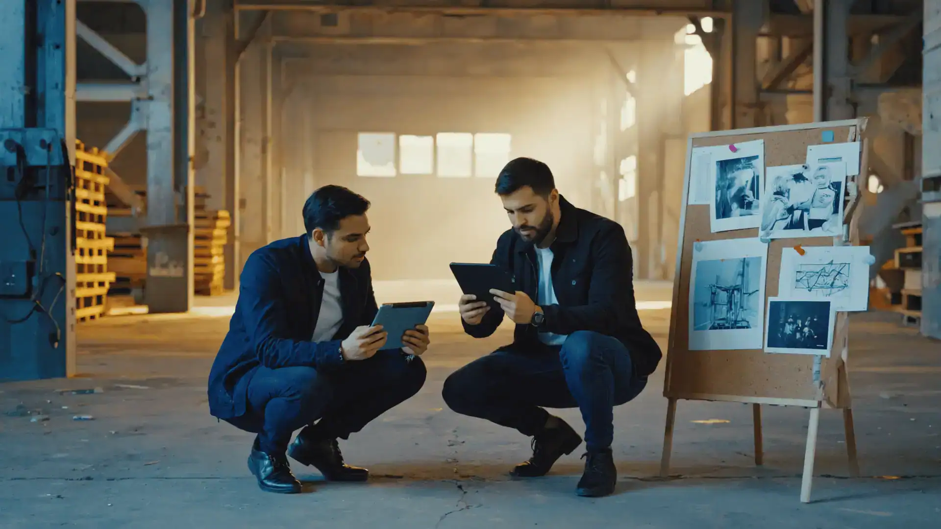 Two men in business attire crouch on the floor of a large, empty industrial space during pre-production, reviewing tablets. A corkboard with architectural photos and sketches stands beside them, as light streams in from the background windows.