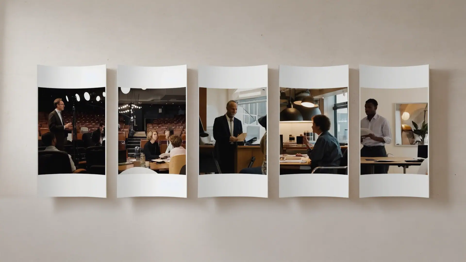 Five photographs are displayed in a row on a wall, each showing business professionals engaged in meetings, presentations, or discussions—capturing moments that could inspire great corporate videos or serve as corporate video examples.
