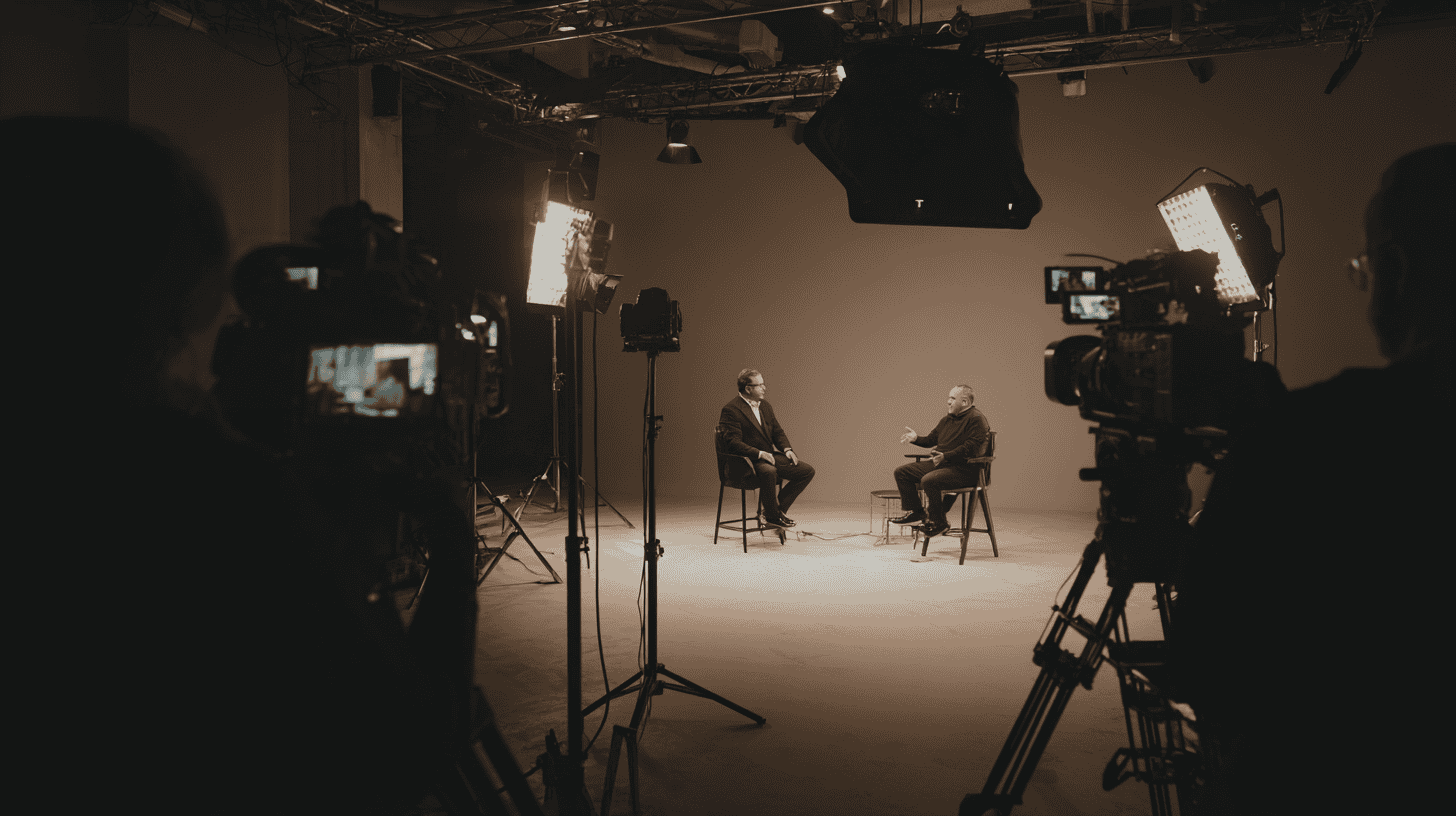 Two people sit on stools facing each other in a studio, engaged in a monthly interview with industry leaders, surrounded by cameras, lights, and filming equipment. The scene is dimly lit with a focus on the interview setup.
