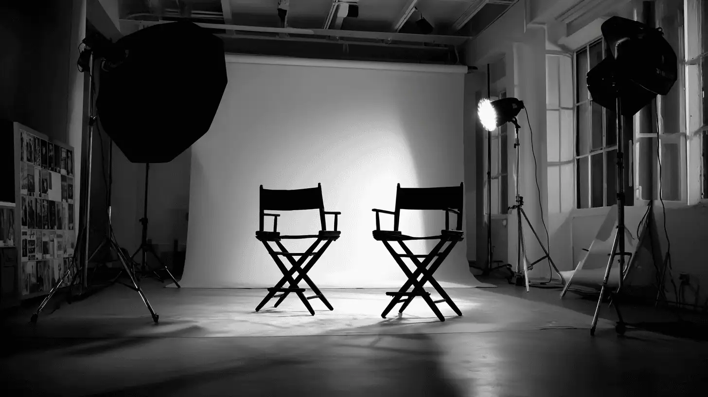 Two empty director’s chairs sit facing each other in the center of a photography studio, ready for the next Monthly interview with industry leaders. Large studio lights point at a white backdrop, creating a dramatic, professional atmosphere.
