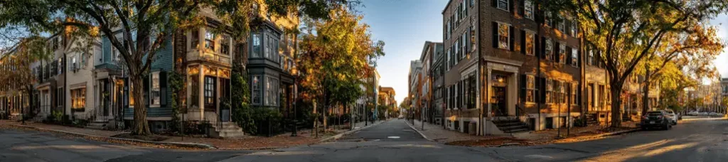 A wide-angle view of a quiet, tree-lined urban street intersection in Boston with historic brick and wooden buildings, dappled in warm sunlight and autumn foliage—a perfect spot for filming in Boston, with only a few parked cars lining the empty street.