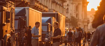 Two people stand talking on a busy city street at sunset, with large trucks—common when filming in Bucharest—parked along the road and a crowd of people walking in the background. Warm sunlight bathes the scene.