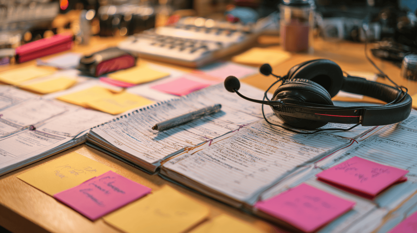 A desktop covered with notebooks, colorful sticky notes, a pen, and a headset, suggesting a busy workspace for planning or film set audio production.