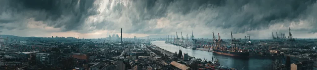 A panoramic view of an industrial port city with numerous cranes, factories, and smokestacks along a river under dramatic, dark, cloudy skies—perfect for filming in Budapest and capturing a moody atmosphere.