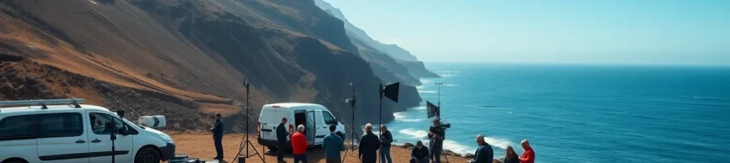 A film crew sets up equipment near two white vans on a coastal cliff, filming in the Canary Islands, with rugged mountains to the left and the blue ocean stretching out to the right under a clear sky.