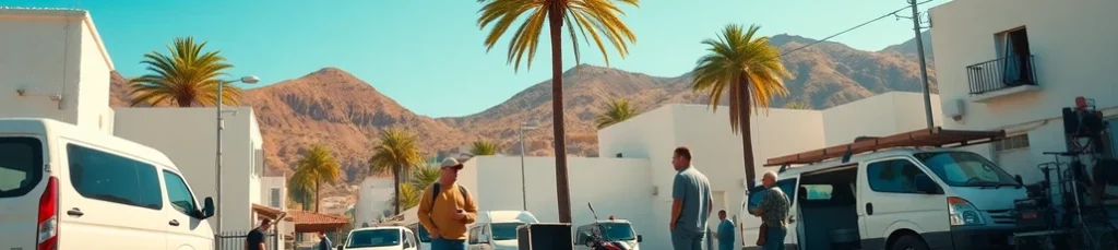 A sunny village square with white buildings, palm trees, vans, and people talking—an ideal spot for filming in the Canary Islands—set against arid mountains under a clear blue sky.
