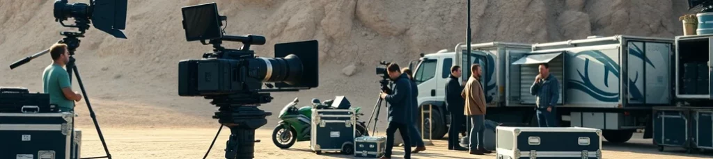Film crew working outdoors in a desert setting in the Canary Islands with professional cameras, lighting equipment, a motorcycle, trucks, and gear cases visible. Several people are preparing for a shoot near the vehicles.