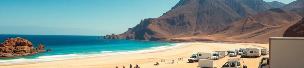 A scenic beach with turquoise water and golden sand, bordered by rocky mountains. Popular for filming in the Canary Islands, several RVs are parked along the shore as people walk or relax near the water under a clear blue sky.