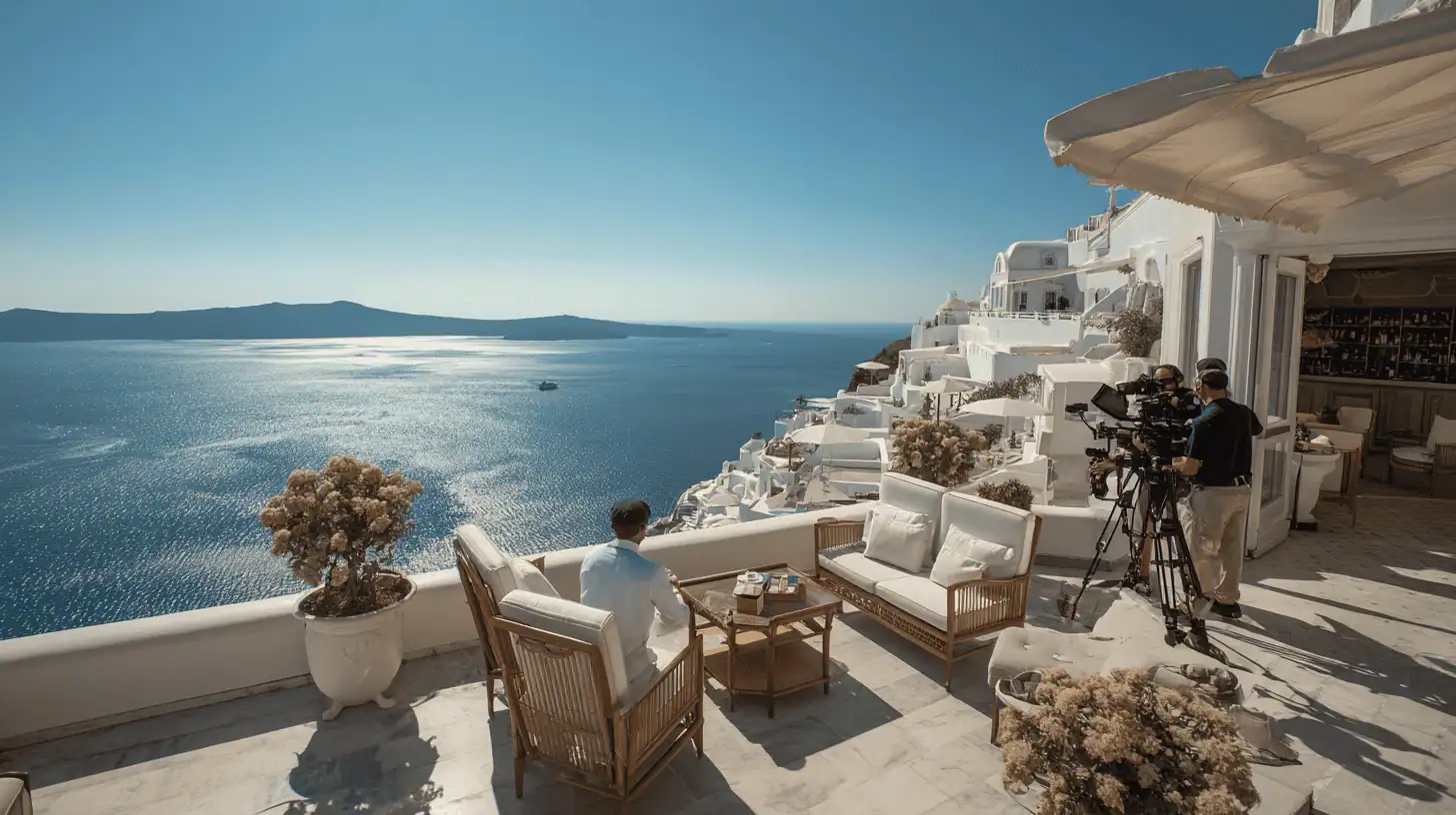 A person sits on a terrace at Canaves Oia Resort overlooking the blue sea and white cliffside buildings, as a film crew shoots a luxury destination video under the clear sky on a sunny day.