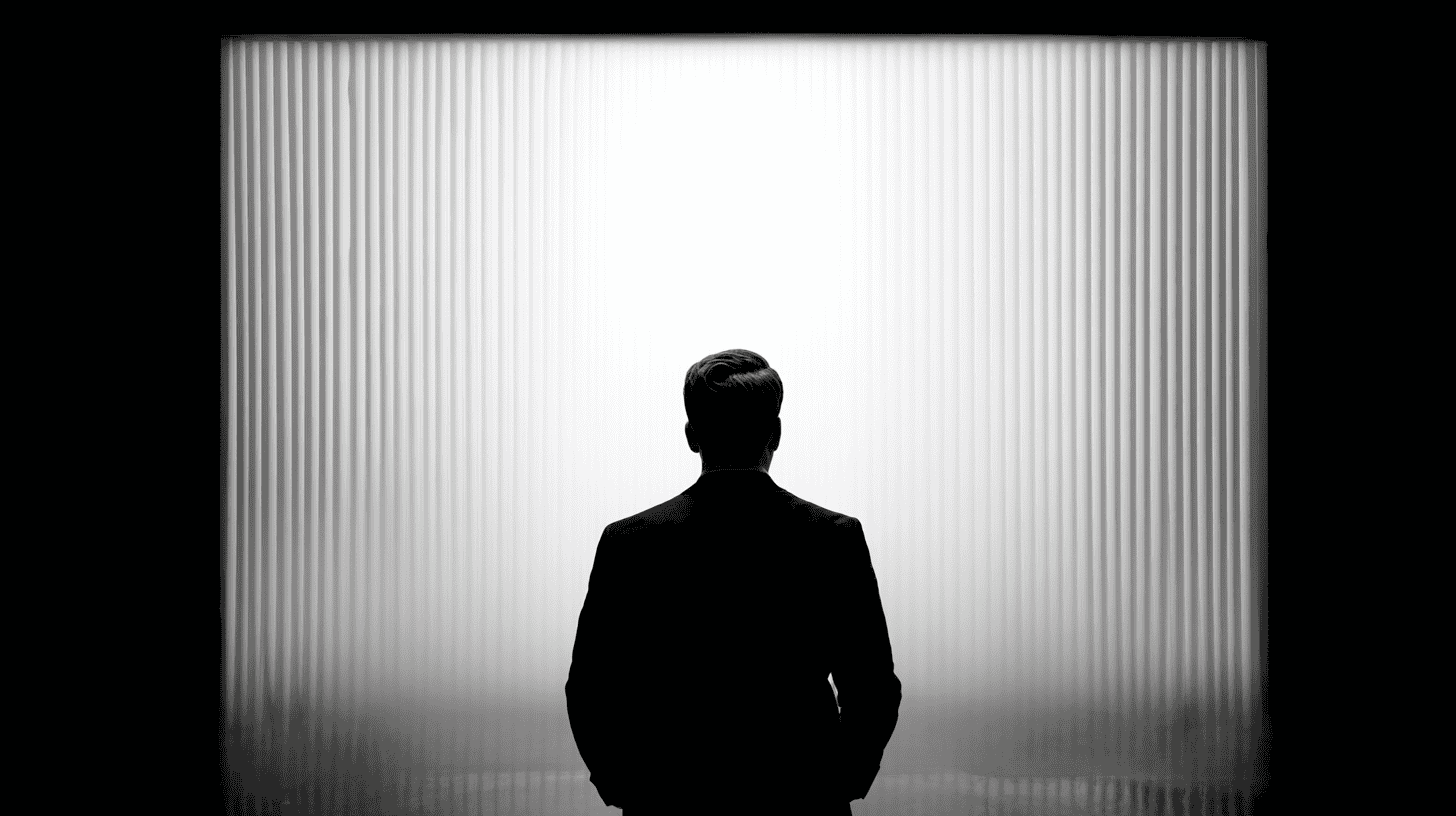 A silhouette of a man in a suit stands facing a bright, illuminated background with vertical lines, evoking the dramatic atmosphere of a Director's Cut by a visionary filmmaker.