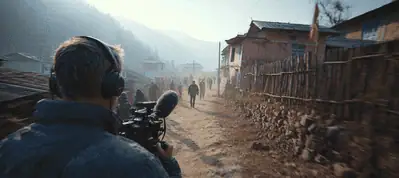 A person with headphones films a dirt road in a rural South African village, with several people walking ahead. Modest houses and a wooden fence line the road, and misty hills rise in the background under a pale sky.