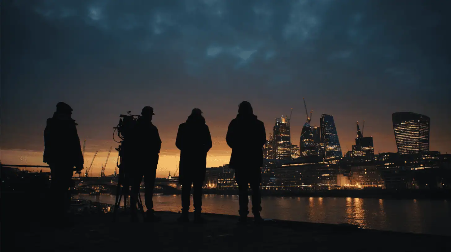 Four people, including a camera operator with equipment, stand silhouetted against a city skyline at dusk—an iconic scene often captured by documentary production companies London trusts for striking visuals.