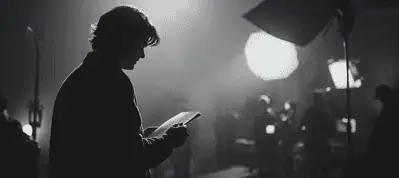 A person stands in silhouette, reading a script on a film set during filming in Vietnam, with bright studio lights and crew members blurred in the background. The scene has a cinematic, black-and-white atmosphere.