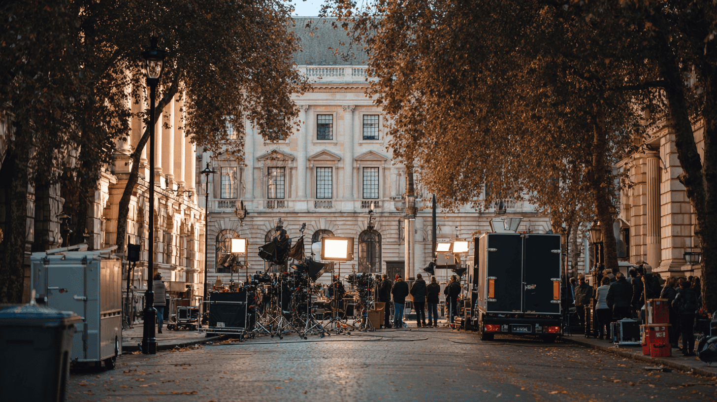 A film crew, armed with film permits, sets up cameras, lights, and equipment on a city street lined with trees and historic buildings, as people gather around and autumn leaves hang from the branches.