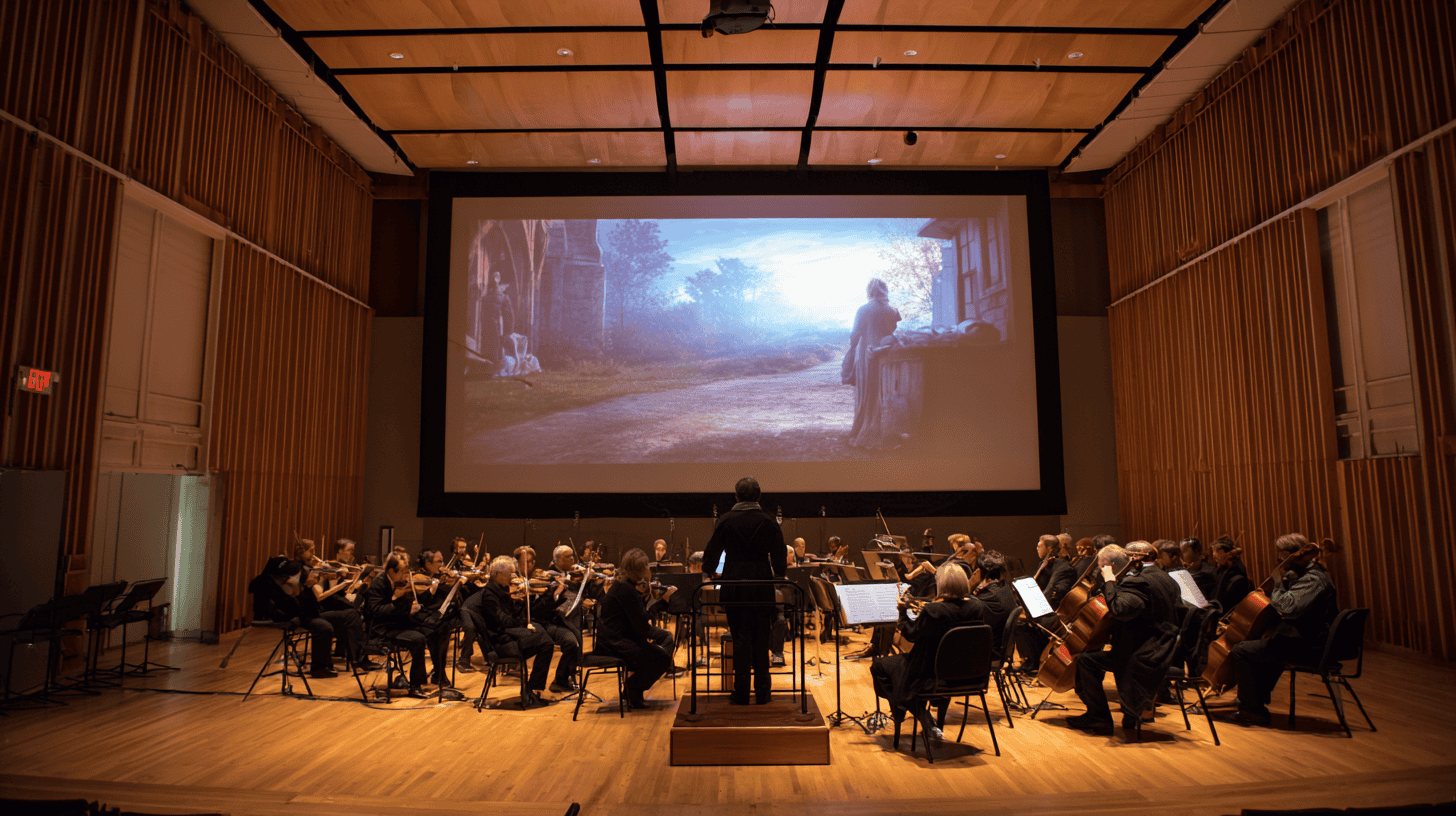 A conductor leads an orchestra performing on stage in a modern concert hall, with a large screen behind them displaying a dramatic scene from a film soundtrack or video game.