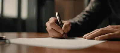 A person writes on a sheet of white paper at a wooden desk, holding a pen in their right hand while filming in Switzerland.