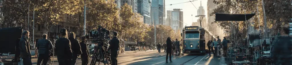 Film crew filming in Melbourne on a city street, with cameras and equipment set up. A blue tram passes by, surrounded by crew members as city buildings, trees, and afternoon sunlight create a bustling urban atmosphere.