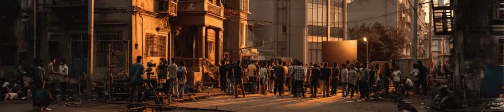 A film crew gathers on a city street at sunset in Mumbai, surrounded by old buildings and equipment, as actors and extras prepare for a scene in this vibrant urban setting. Filming in Mumbai adds unique energy to the production.