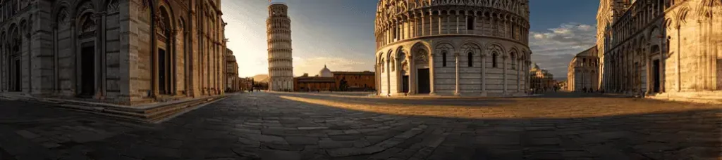 Panoramic view of the Piazza dei Miracoli in Pisa, Italy, featuring the Leaning Tower, Baptistery, and Cathedral bathed in warm sunlight—an inspiring scene for those filming in Florence and nearby Tuscan gems.