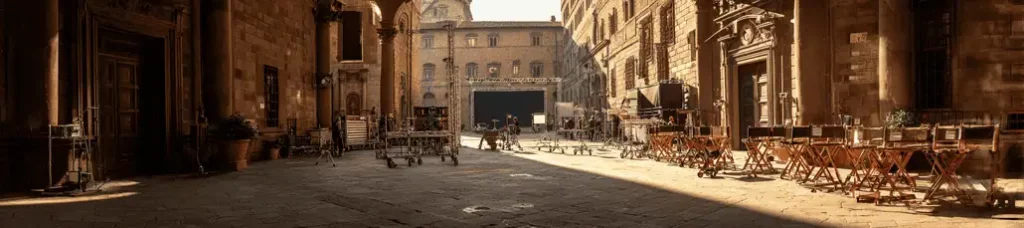 A sunlit, historic European square set for filming in Florence features rows of empty chairs, tables, equipment carts, and lighting rigs scattered across the cobblestone ground before old stone buildings.
