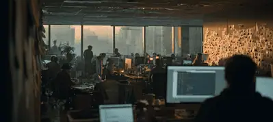 A dimly lit, busy office with people working at desks, large computer monitors, and a wall covered in papers. Sunlight streams in through large windows overlooking a cityscape—perfect for filming in Atlanta.