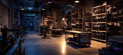 A dimly lit workshop in Stockholm, with workbenches, chairs, shelves filled with tires and equipment—overhead lights casting an industrial glow, perfect for filming in Stockholm.