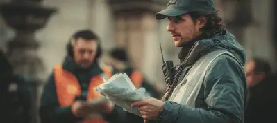 A man in a cap and reflective vest holds papers and a walkie-talkie, focused on his task while filming in Atlanta. Another person in an orange vest appears blurred in the background.
