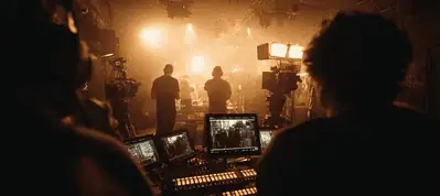 A dimly lit film set in Lisbon with crew members, cameras, and monitors showing live footage. Silhouetted figures stand among equipment, illuminated by warm stage lights and haze.