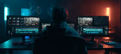 A person sits at a desk in a dimly lit room, facing three computer monitors displaying video editing software with timelines and footage from filming in Moscow. Blue and orange lights illuminate the space from each side.
