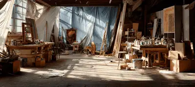 Sunlight streams into a spacious, cluttered artist’s studio in Warsaw, filled with easels, canvases, paint supplies, and tables. Artworks and jars are scattered throughout, creating a creative, rustic atmosphere perfect for filming in Warsaw.