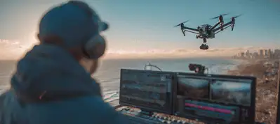 A person wearing headphones operates a drone using a control panel with multiple monitors, filming in Budapest as they overlook a coastal landscape at sunset with a city skyline in the background.