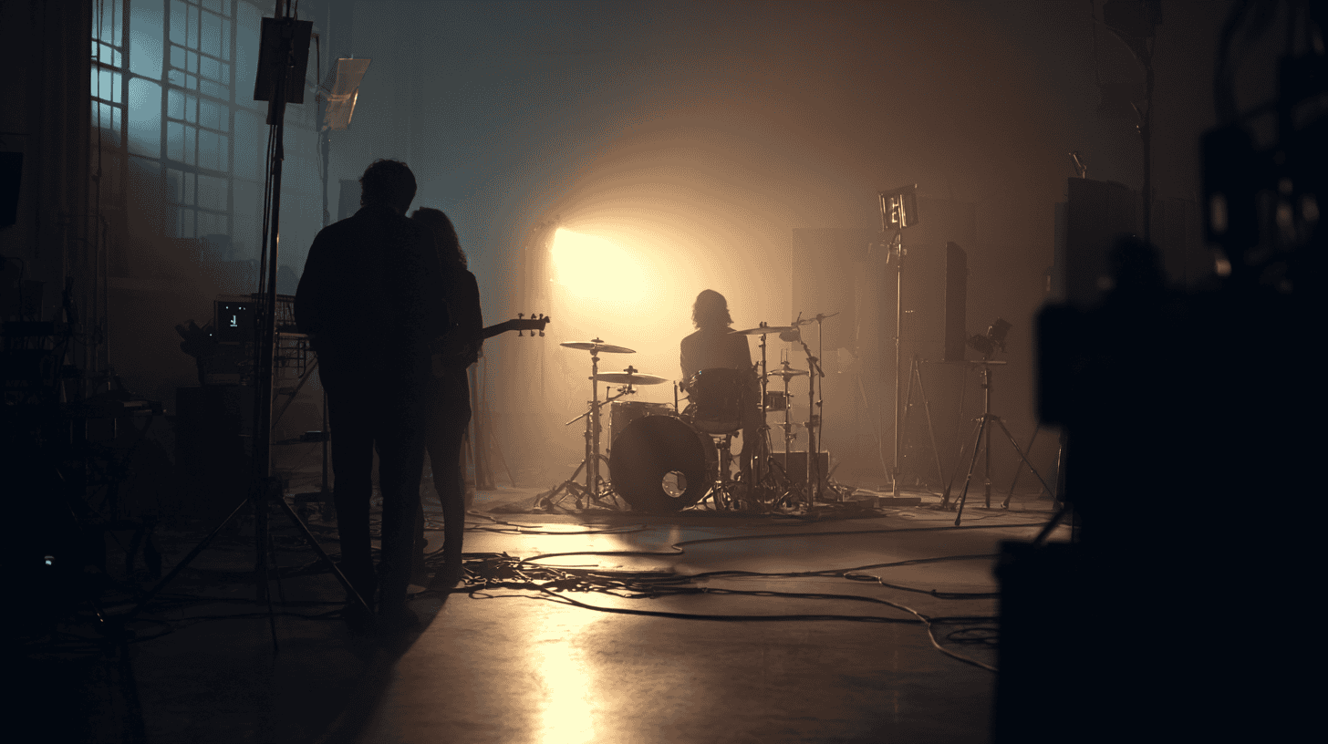A band prepares to perform in a dimly lit studio for a music video; the drummer sits at the drum kit, silhouetted by bright stage lights, while two other musicians stand nearby among equipment.